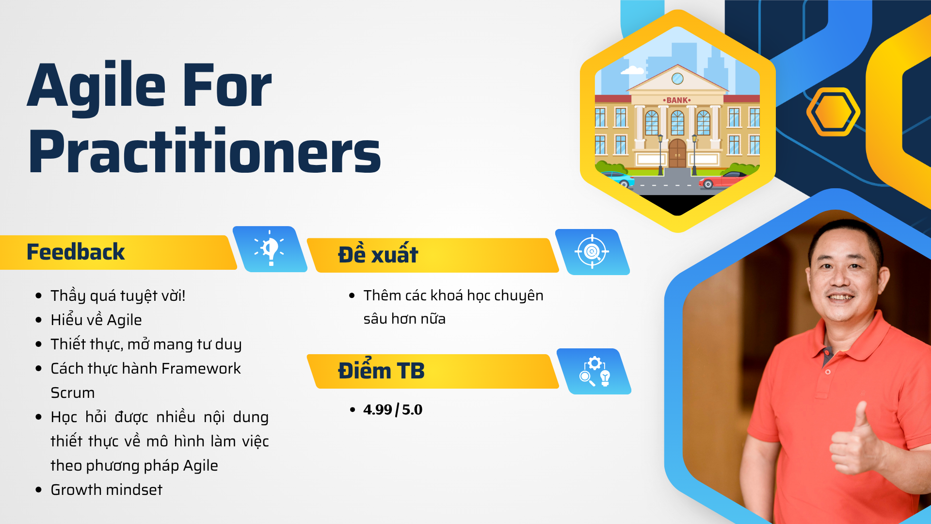 Điểm Đào tạo gần tuyệt đối (4.99/5.0) chương trình Agile For Practitioners
