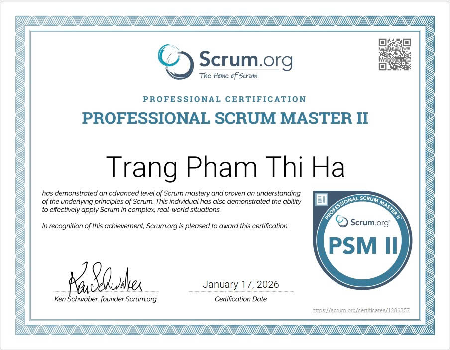 🎉 Chúc mừng học viên xuất sắc thi đỗ chứng chỉ PSM II 🎉